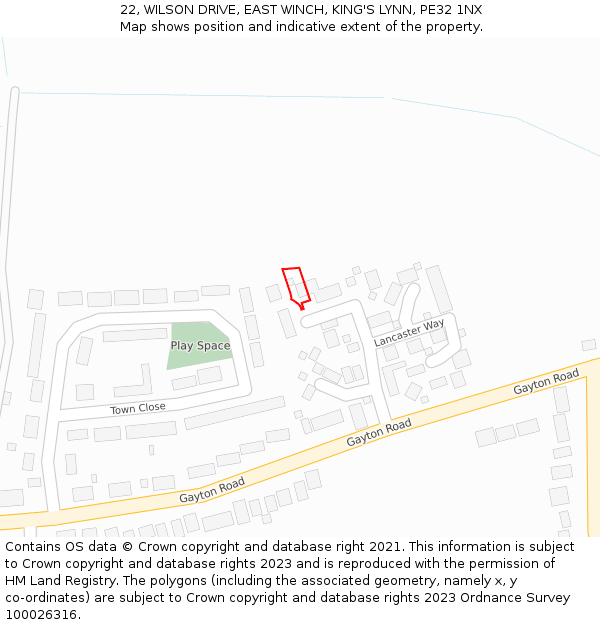 22, WILSON DRIVE, EAST WINCH, KING'S LYNN, PE32 1NX: Location map and indicative extent of plot