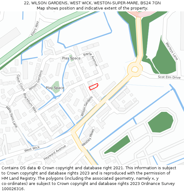 22, WILSON GARDENS, WEST WICK, WESTON-SUPER-MARE, BS24 7GN: Location map and indicative extent of plot
