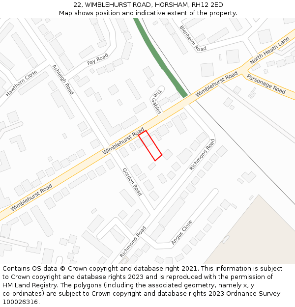 22, WIMBLEHURST ROAD, HORSHAM, RH12 2ED: Location map and indicative extent of plot