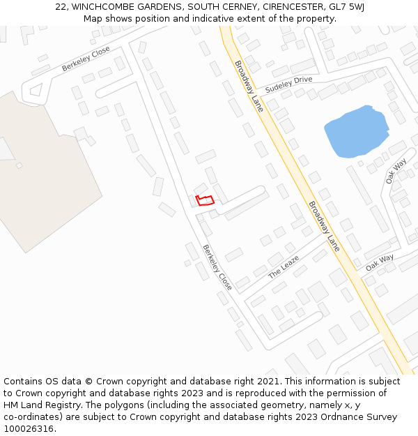 22, WINCHCOMBE GARDENS, SOUTH CERNEY, CIRENCESTER, GL7 5WJ: Location map and indicative extent of plot