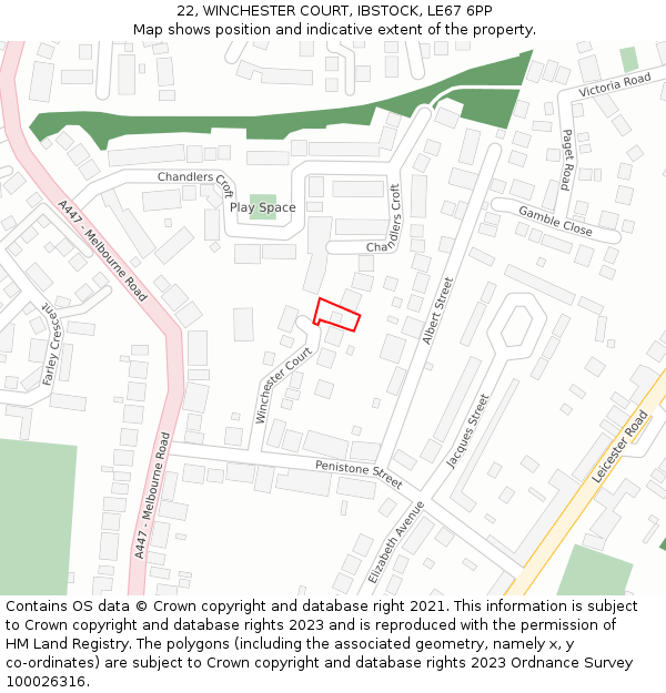 22, WINCHESTER COURT, IBSTOCK, LE67 6PP: Location map and indicative extent of plot