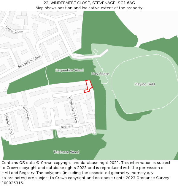 22, WINDERMERE CLOSE, STEVENAGE, SG1 6AG: Location map and indicative extent of plot