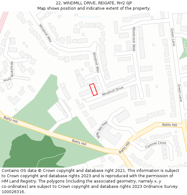 22, WINDMILL DRIVE, REIGATE, RH2 0JP: Location map and indicative extent of plot