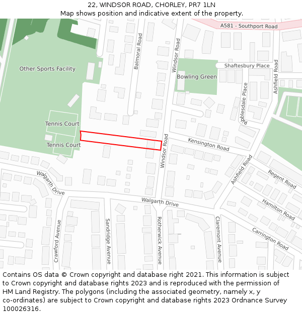 22, WINDSOR ROAD, CHORLEY, PR7 1LN: Location map and indicative extent of plot