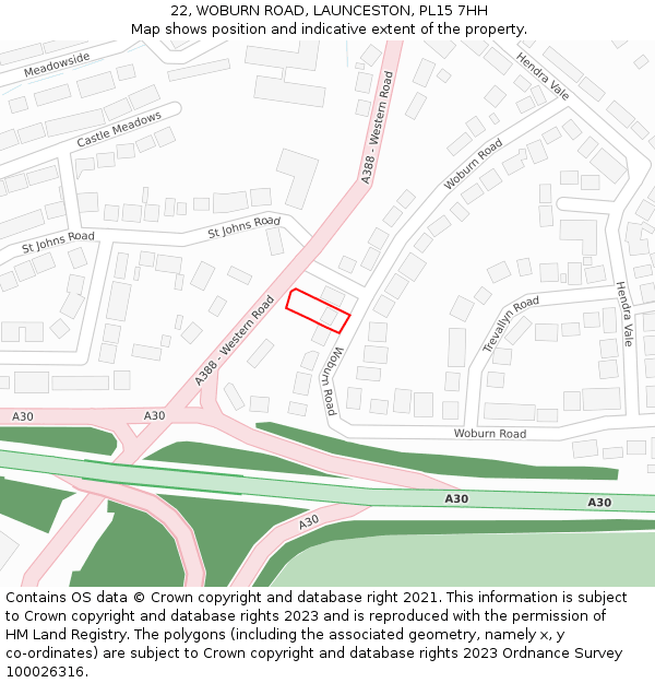 22, WOBURN ROAD, LAUNCESTON, PL15 7HH: Location map and indicative extent of plot