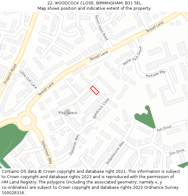 22, WOODCOCK CLOSE, BIRMINGHAM, B31 5EL: Location map and indicative extent of plot