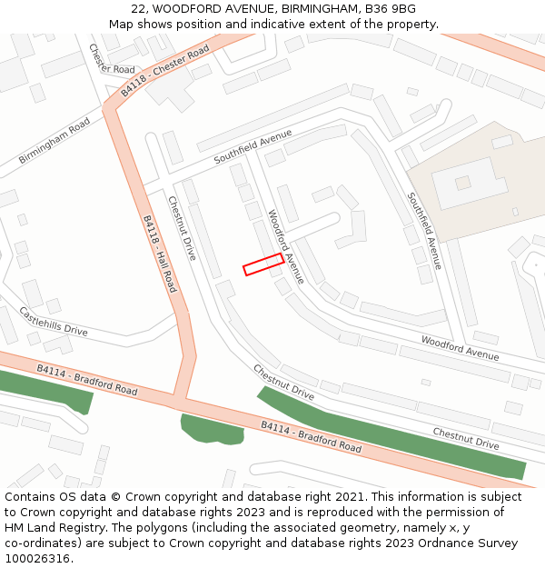 22, WOODFORD AVENUE, BIRMINGHAM, B36 9BG: Location map and indicative extent of plot