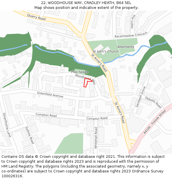 22, WOODHOUSE WAY, CRADLEY HEATH, B64 5EL: Location map and indicative extent of plot