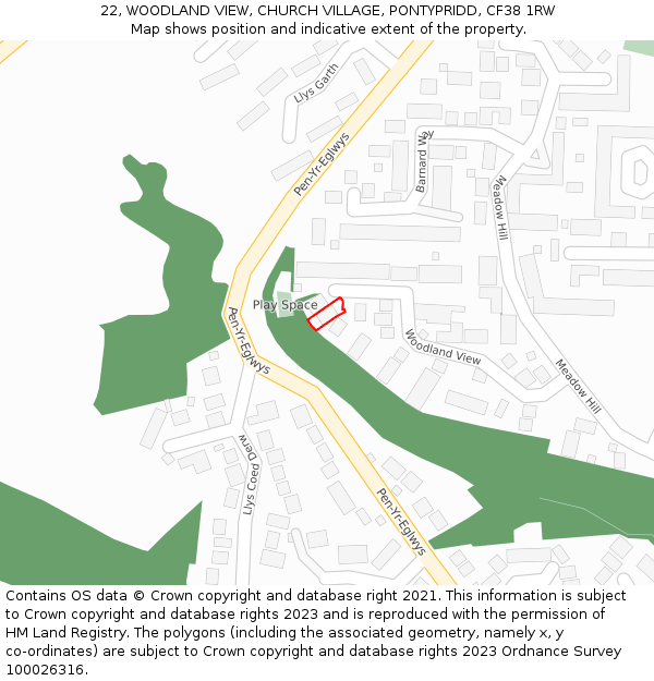 22, WOODLAND VIEW, CHURCH VILLAGE, PONTYPRIDD, CF38 1RW: Location map and indicative extent of plot