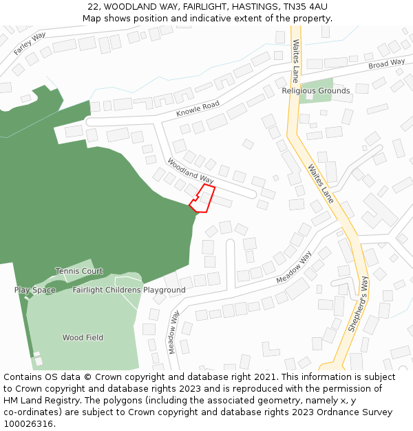 22, WOODLAND WAY, FAIRLIGHT, HASTINGS, TN35 4AU: Location map and indicative extent of plot