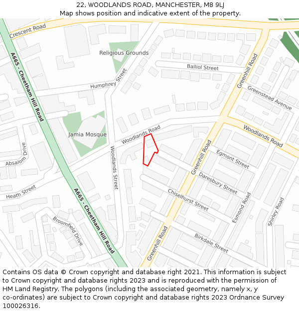 22, WOODLANDS ROAD, MANCHESTER, M8 9LJ: Location map and indicative extent of plot