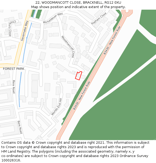22, WOODMANCOTT CLOSE, BRACKNELL, RG12 0XU: Location map and indicative extent of plot