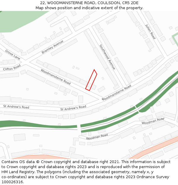 22, WOODMANSTERNE ROAD, COULSDON, CR5 2DE: Location map and indicative extent of plot