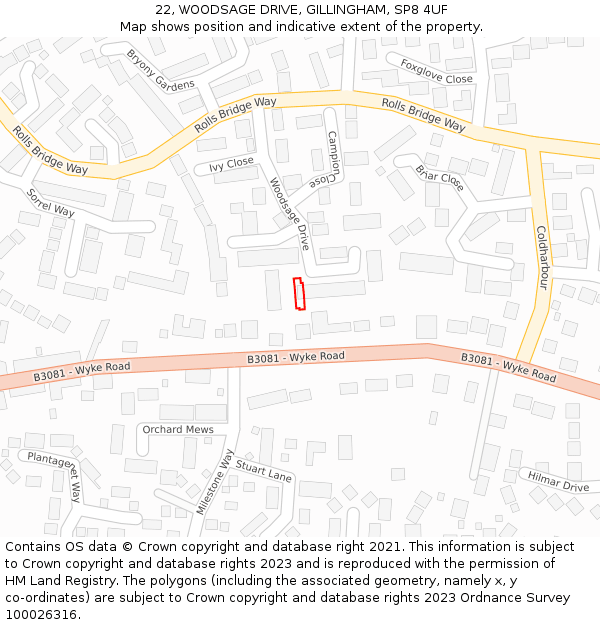 22, WOODSAGE DRIVE, GILLINGHAM, SP8 4UF: Location map and indicative extent of plot