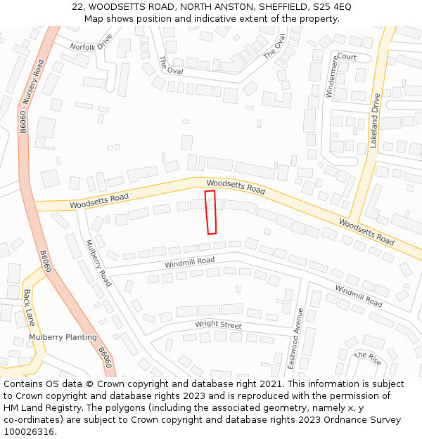 22, WOODSETTS ROAD, NORTH ANSTON, SHEFFIELD, S25 4EQ: Location map and indicative extent of plot