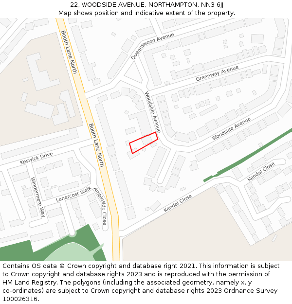 22, WOODSIDE AVENUE, NORTHAMPTON, NN3 6JJ: Location map and indicative extent of plot