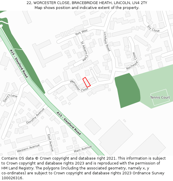 22, WORCESTER CLOSE, BRACEBRIDGE HEATH, LINCOLN, LN4 2TY: Location map and indicative extent of plot