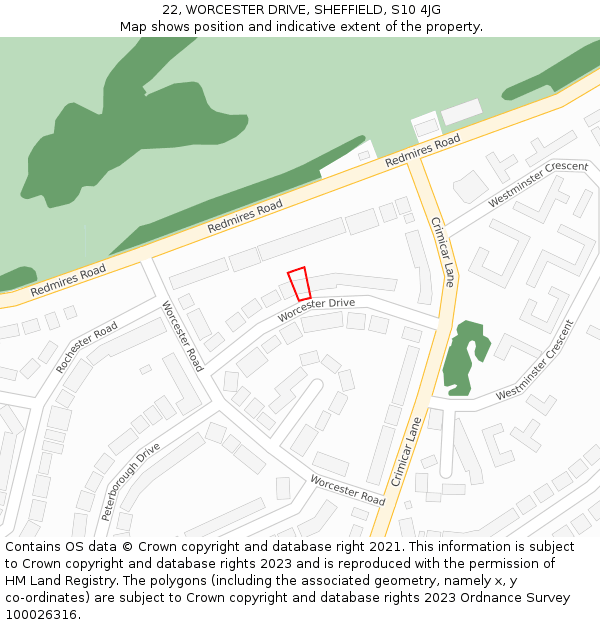 22, WORCESTER DRIVE, SHEFFIELD, S10 4JG: Location map and indicative extent of plot