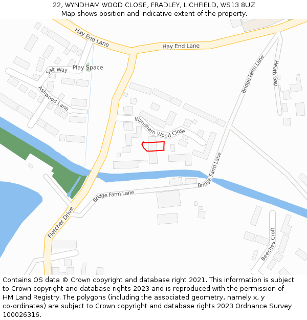 22, WYNDHAM WOOD CLOSE, FRADLEY, LICHFIELD, WS13 8UZ: Location map and indicative extent of plot