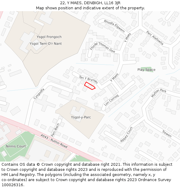 22, Y MAES, DENBIGH, LL16 3JR: Location map and indicative extent of plot