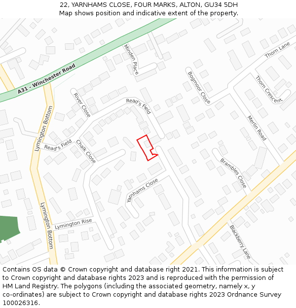 22, YARNHAMS CLOSE, FOUR MARKS, ALTON, GU34 5DH: Location map and indicative extent of plot