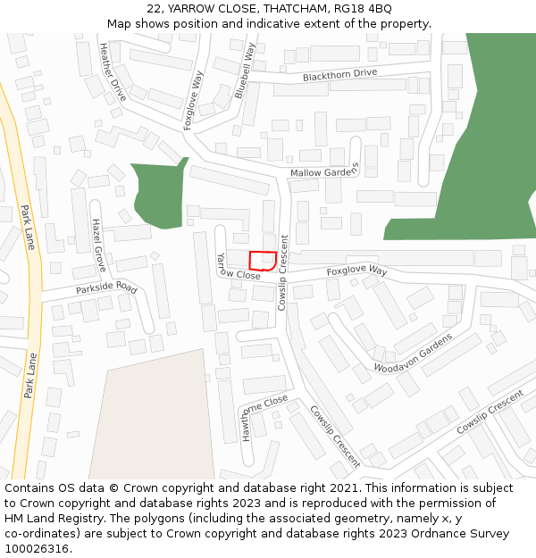 22, YARROW CLOSE, THATCHAM, RG18 4BQ: Location map and indicative extent of plot