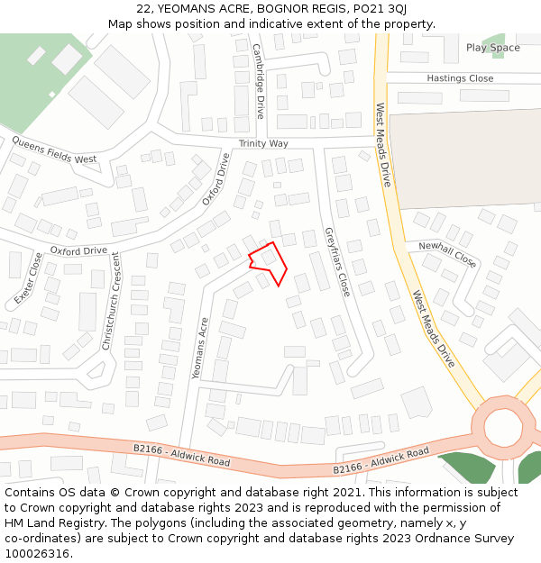 22, YEOMANS ACRE, BOGNOR REGIS, PO21 3QJ: Location map and indicative extent of plot