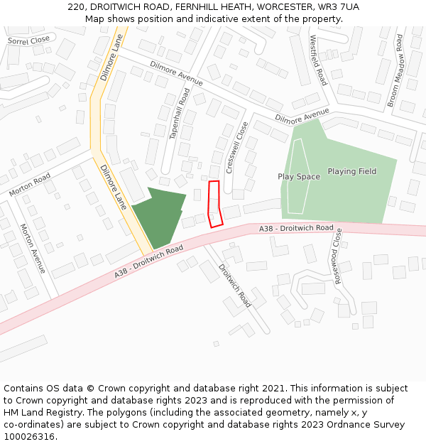 220, DROITWICH ROAD, FERNHILL HEATH, WORCESTER, WR3 7UA: Location map and indicative extent of plot