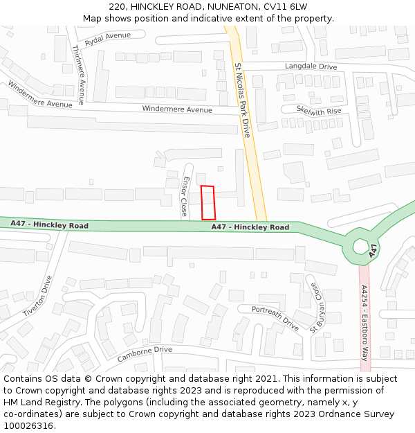 220, HINCKLEY ROAD, NUNEATON, CV11 6LW: Location map and indicative extent of plot