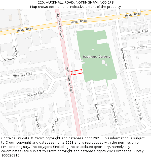 220, HUCKNALL ROAD, NOTTINGHAM, NG5 1FB: Location map and indicative extent of plot