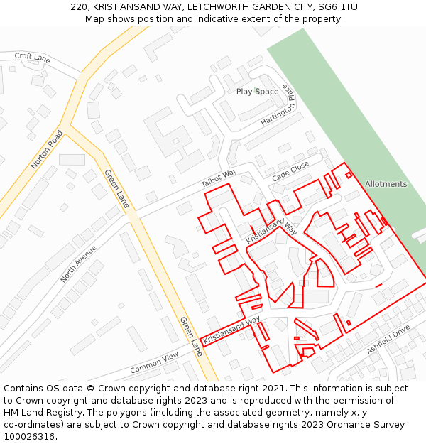 220, KRISTIANSAND WAY, LETCHWORTH GARDEN CITY, SG6 1TU: Location map and indicative extent of plot