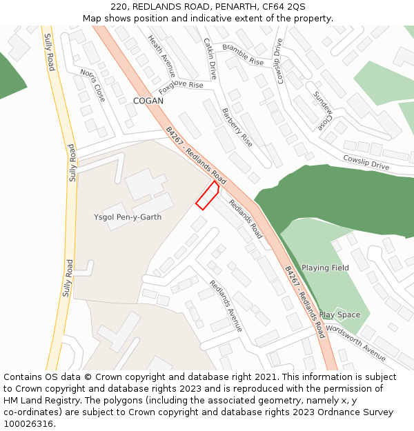 220, REDLANDS ROAD, PENARTH, CF64 2QS: Location map and indicative extent of plot