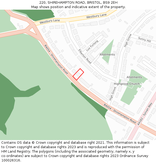 220, SHIREHAMPTON ROAD, BRISTOL, BS9 2EH: Location map and indicative extent of plot