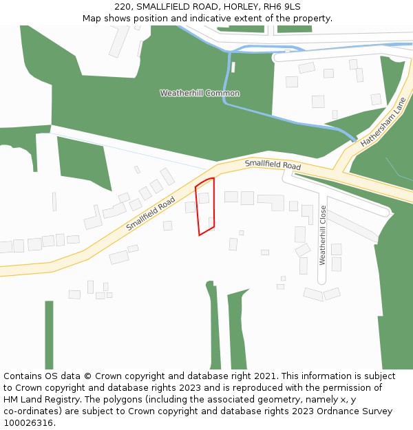 220, SMALLFIELD ROAD, HORLEY, RH6 9LS: Location map and indicative extent of plot