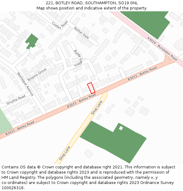 221, BOTLEY ROAD, SOUTHAMPTON, SO19 0NL: Location map and indicative extent of plot