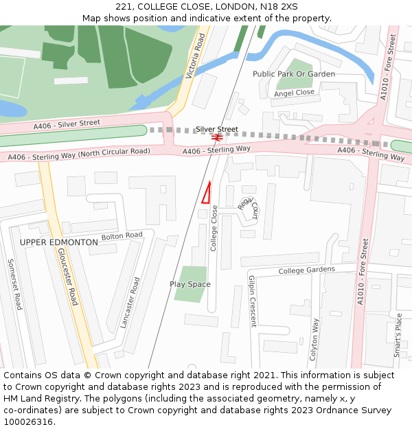 221, COLLEGE CLOSE, LONDON, N18 2XS: Location map and indicative extent of plot