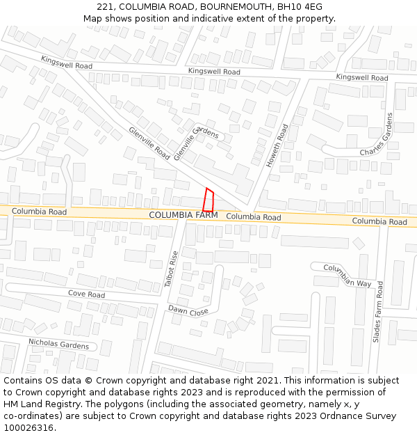 221, COLUMBIA ROAD, BOURNEMOUTH, BH10 4EG: Location map and indicative extent of plot