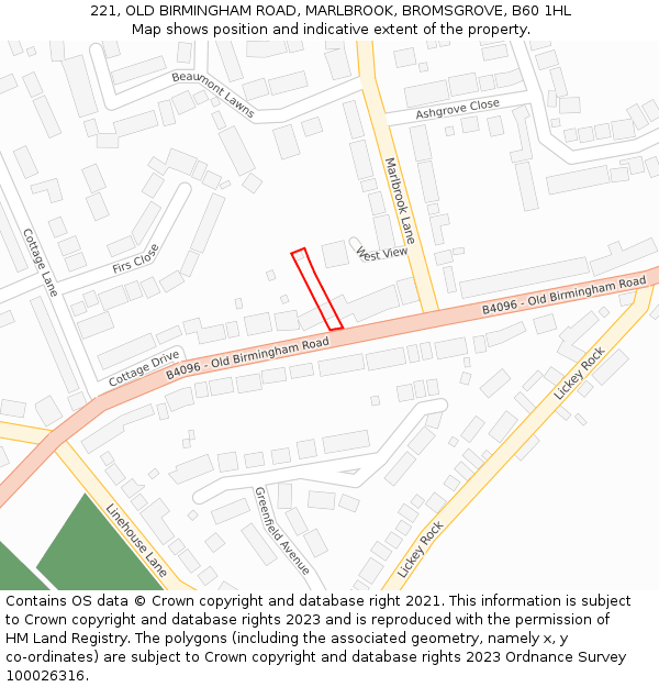 221, OLD BIRMINGHAM ROAD, MARLBROOK, BROMSGROVE, B60 1HL: Location map and indicative extent of plot