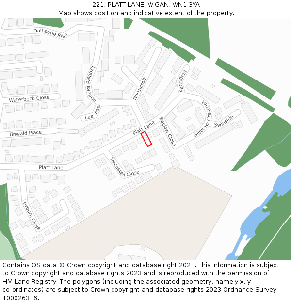 221, PLATT LANE, WIGAN, WN1 3YA: Location map and indicative extent of plot