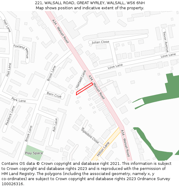 221, WALSALL ROAD, GREAT WYRLEY, WALSALL, WS6 6NH: Location map and indicative extent of plot