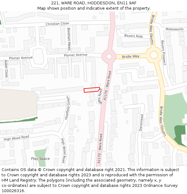 221, WARE ROAD, HODDESDON, EN11 9AF: Location map and indicative extent of plot