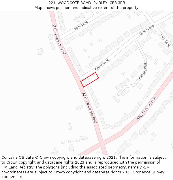 221, WOODCOTE ROAD, PURLEY, CR8 3PB: Location map and indicative extent of plot