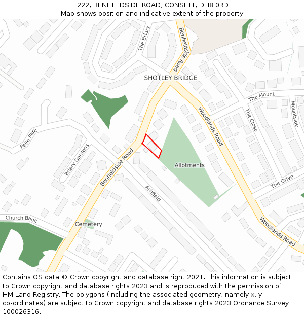 222, BENFIELDSIDE ROAD, CONSETT, DH8 0RD: Location map and indicative extent of plot