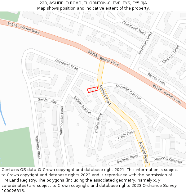 223, ASHFIELD ROAD, THORNTON-CLEVELEYS, FY5 3JA: Location map and indicative extent of plot