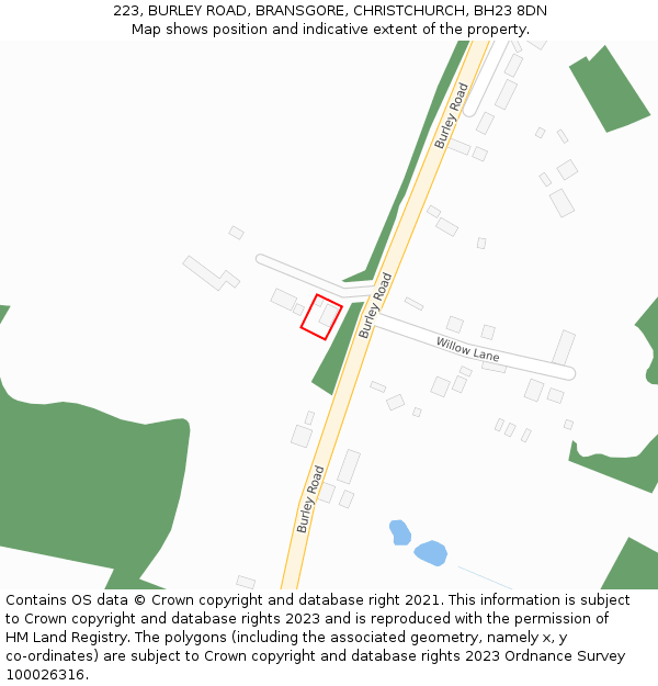 223, BURLEY ROAD, BRANSGORE, CHRISTCHURCH, BH23 8DN: Location map and indicative extent of plot