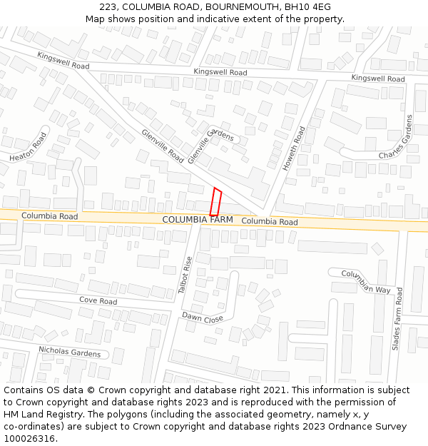 223, COLUMBIA ROAD, BOURNEMOUTH, BH10 4EG: Location map and indicative extent of plot