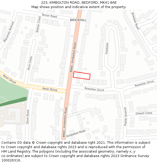 223, KIMBOLTON ROAD, BEDFORD, MK41 8AE: Location map and indicative extent of plot