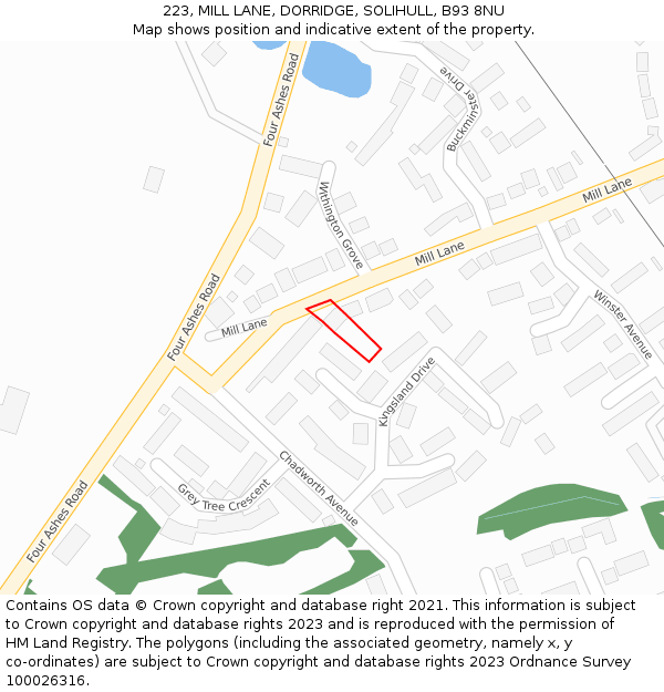 223, MILL LANE, DORRIDGE, SOLIHULL, B93 8NU: Location map and indicative extent of plot