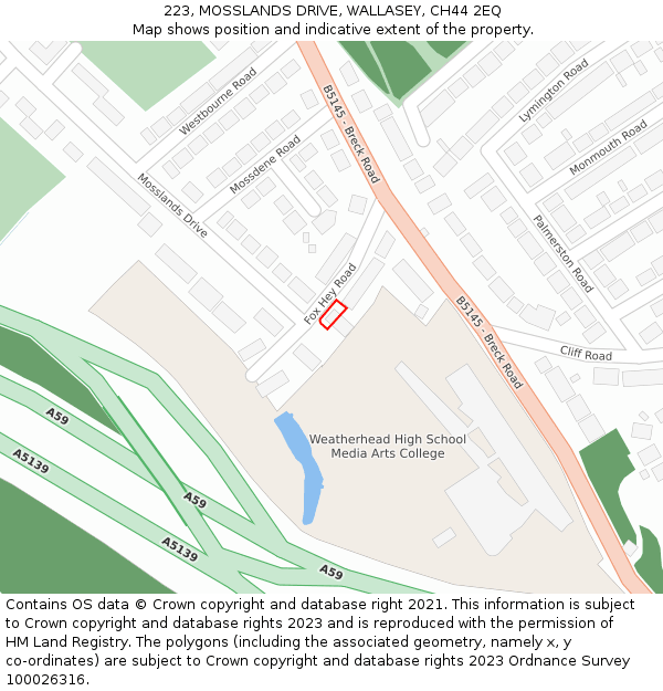 223, MOSSLANDS DRIVE, WALLASEY, CH44 2EQ: Location map and indicative extent of plot