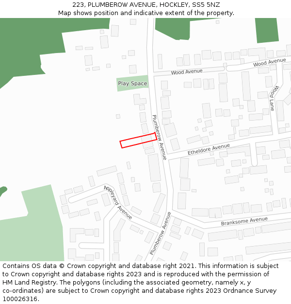 223, PLUMBEROW AVENUE, HOCKLEY, SS5 5NZ: Location map and indicative extent of plot